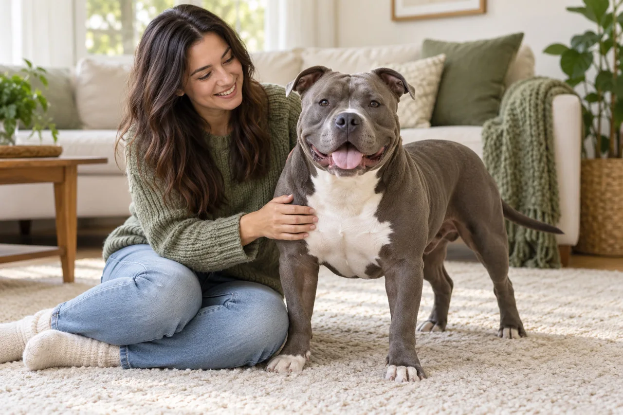 Owner seated at home beside a muscular gray dog